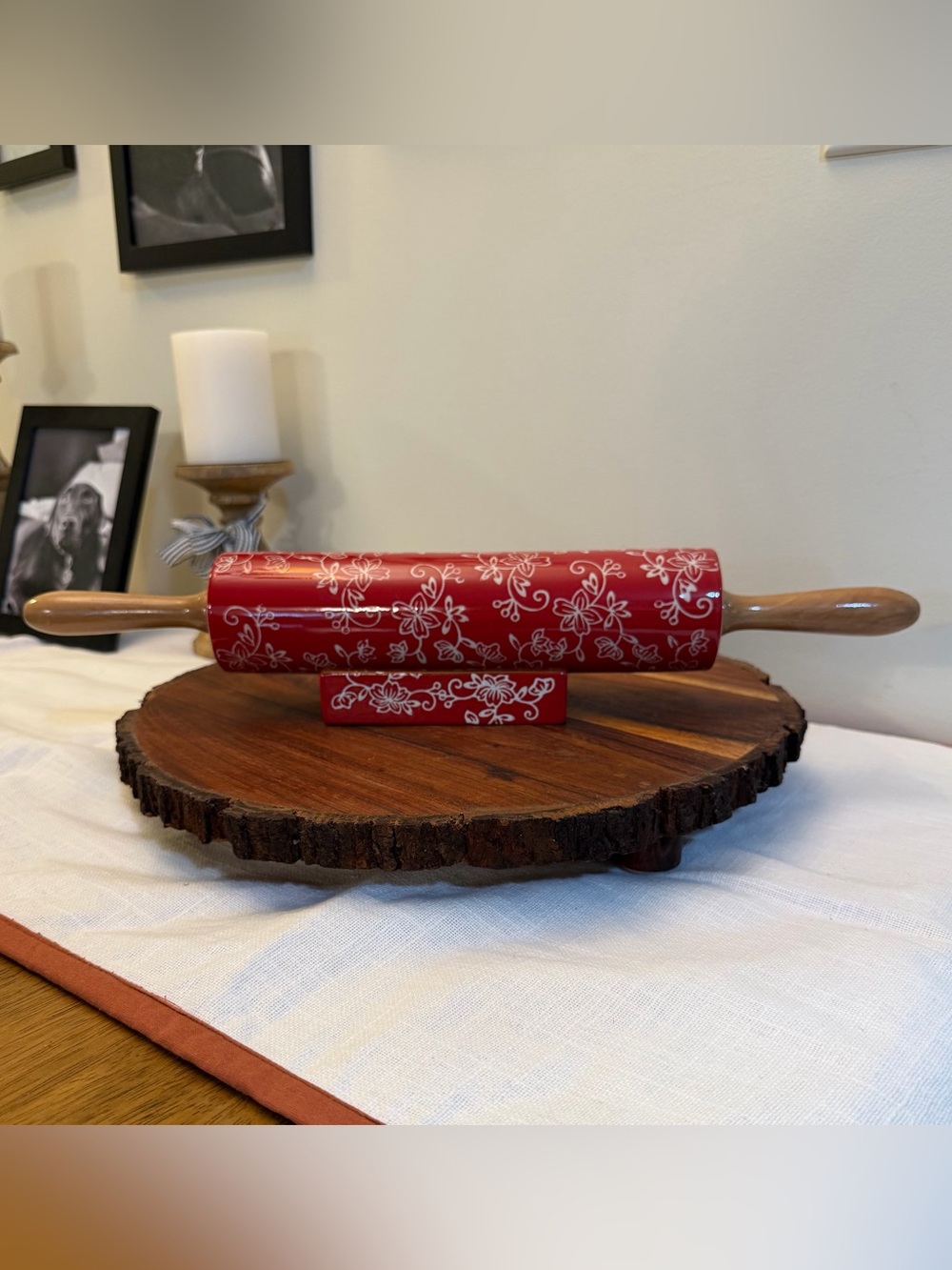 Temp-tations Floral Lace Red Ceramic Rolling Pin & Stand by Tara Discontinued